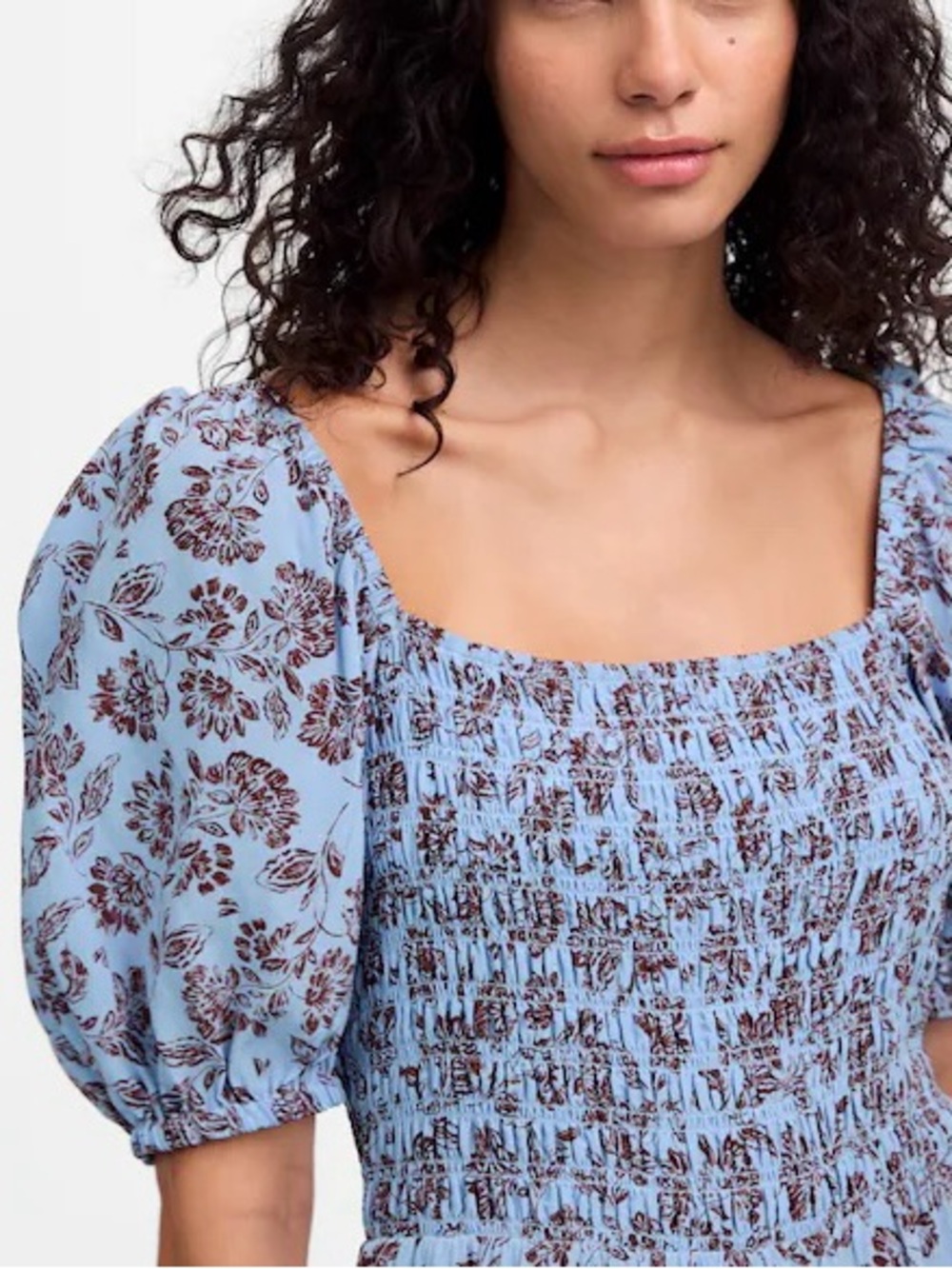 MADEWELL Smocked Puff-Sleeve Midi Dress Blue Brown Floral 6 - Picture 4 of 10